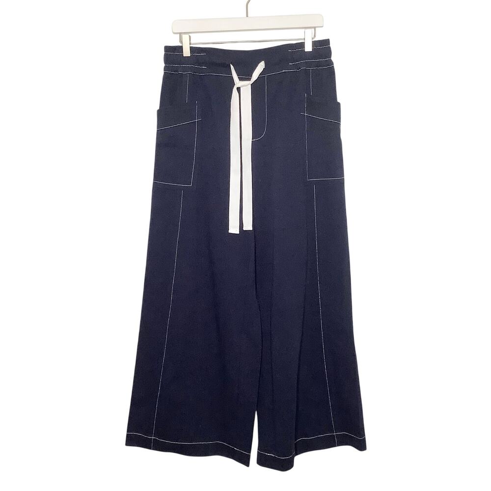 In February Navy Wide Leg Pull On Pants Pockets Tie Waist White Stitching Large